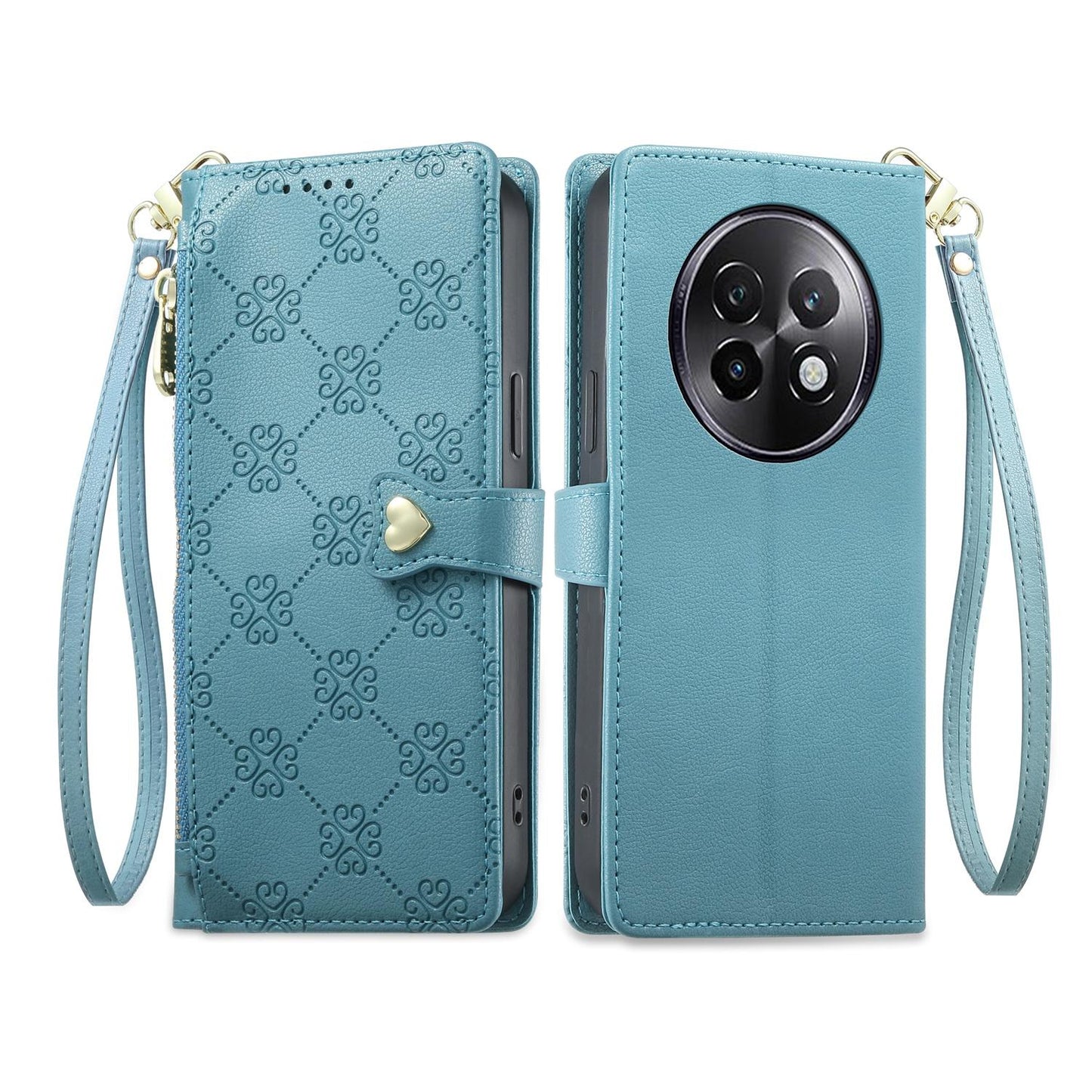 For Realme 13+ Zipper Wallet Heart Buckle Vegan Leather Phone Case with Wrist Strap(Lake Blue)