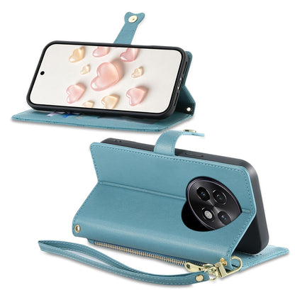 For Realme 13+ Zipper Wallet Heart Buckle Vegan Leather Phone Case with Wrist Strap(Lake Blue)