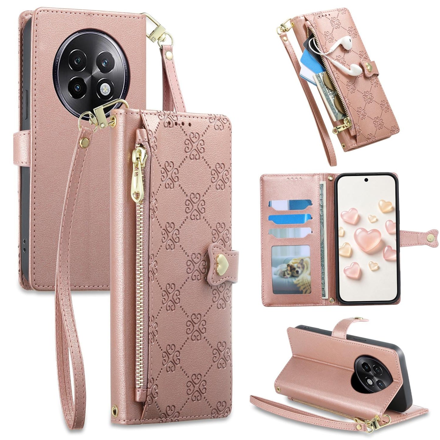 For Realme 13+ Zipper Wallet Heart Buckle Vegan Leather Phone Case with Wrist Strap(Pink)