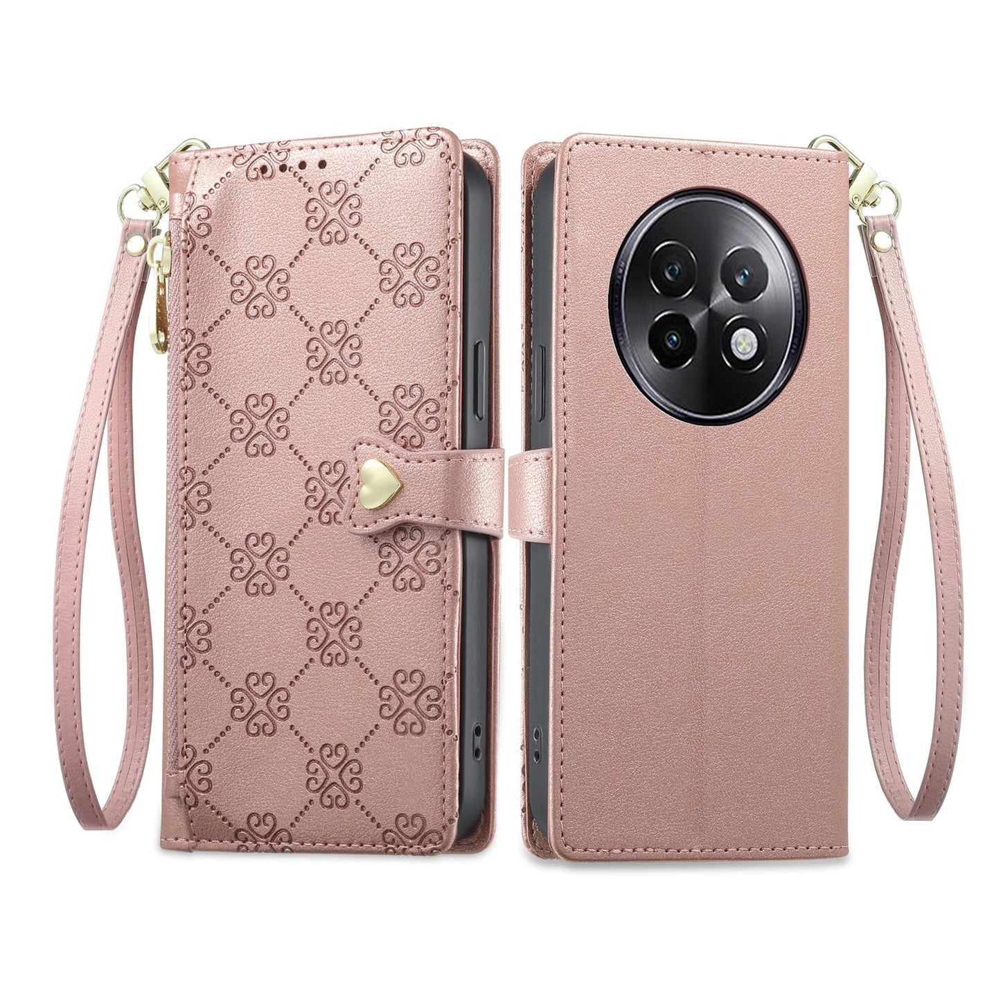 For Realme 13+ Zipper Wallet Heart Buckle Vegan Leather Phone Case with Wrist Strap(Pink)