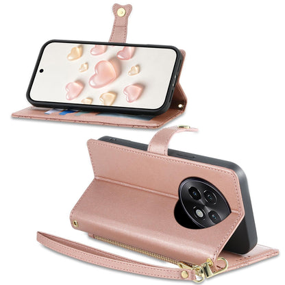 For Realme 13+ Zipper Wallet Heart Buckle Vegan Leather Phone Case with Wrist Strap(Pink)