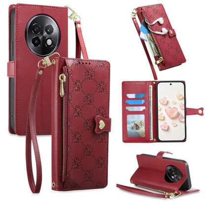 For Realme 13+ Zipper Wallet Heart Buckle Vegan Leather Phone Case with Wrist Strap(Red)