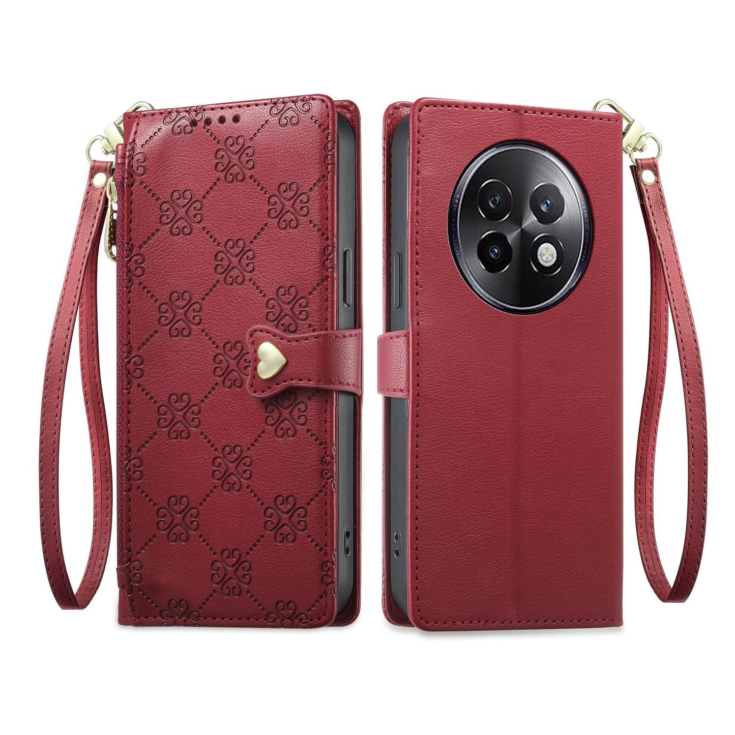 For Realme 13+ Zipper Wallet Heart Buckle Vegan Leather Phone Case with Wrist Strap(Red)