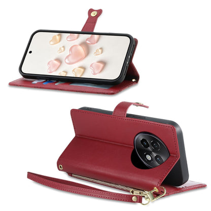 For Realme 13+ Zipper Wallet Heart Buckle Vegan Leather Phone Case with Wrist Strap(Red)