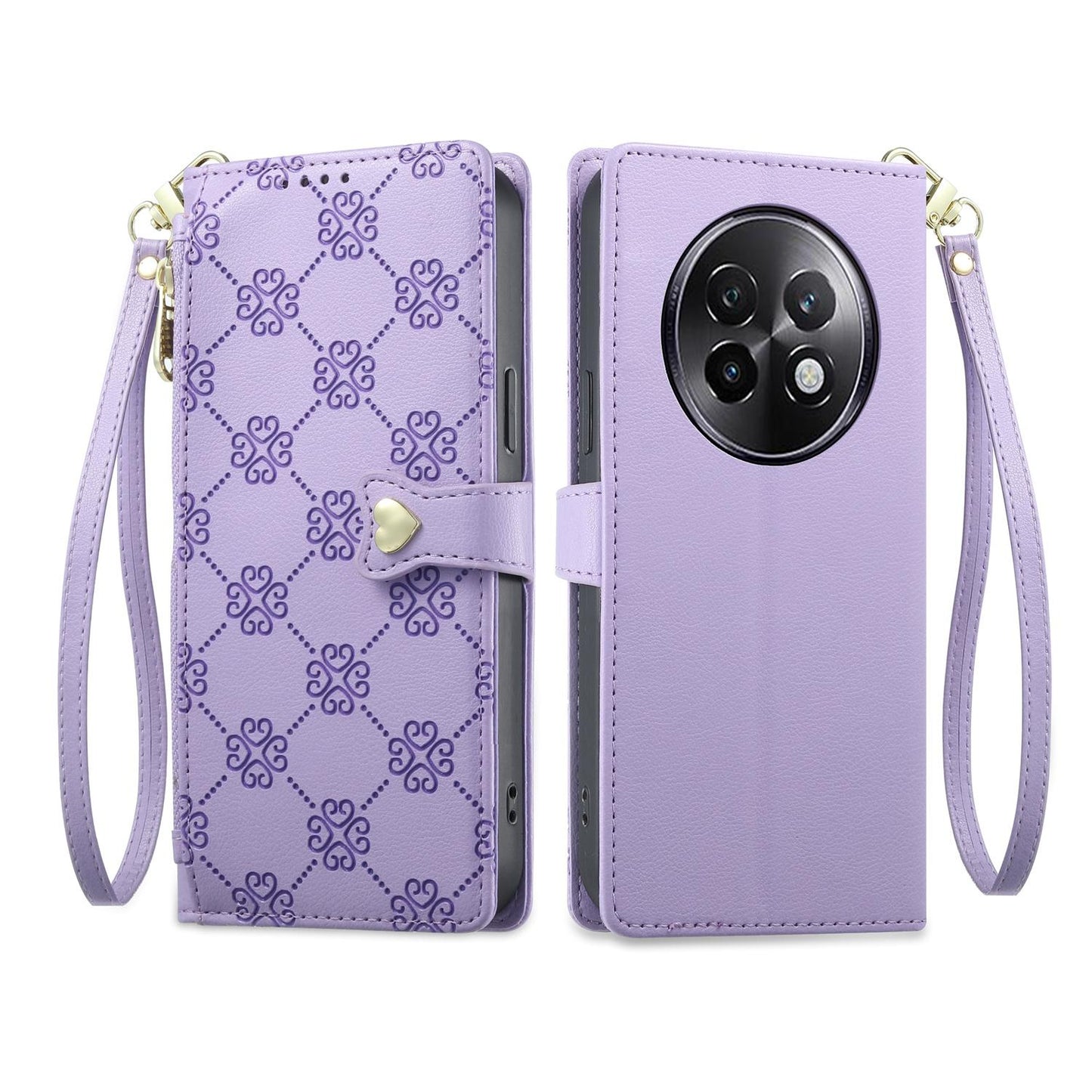 For Realme 13+ Zipper Wallet Heart Buckle Vegan Leather Phone Case with Wrist Strap(Purple)