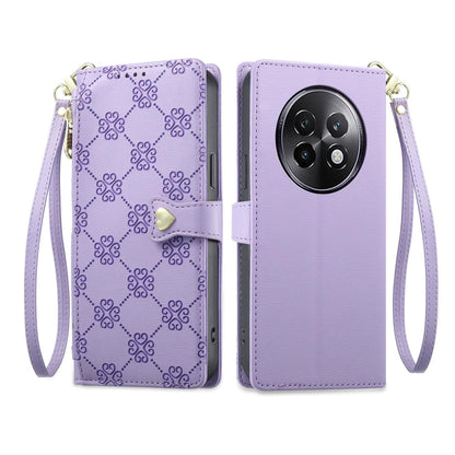 For Realme 13+ Zipper Wallet Heart Buckle Vegan Leather Phone Case with Wrist Strap(Purple)