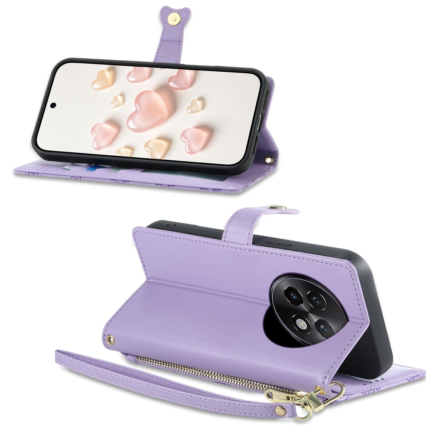 For Realme 13+ Zipper Wallet Heart Buckle Vegan Leather Phone Case with Wrist Strap(Purple)