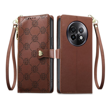 For Realme 13+ Zipper Wallet Heart Buckle Vegan Leather Phone Case with Wrist Strap(Brown)