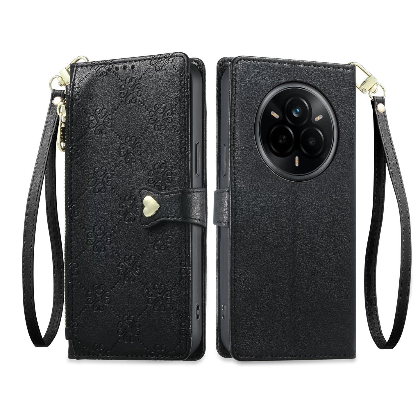 For Realme 14 Pro Zipper Wallet Heart Buckle Vegan Leather Phone Case with Wrist Strap(Black)