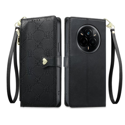 For Realme 14 Pro Zipper Wallet Heart Buckle Vegan Leather Phone Case with Wrist Strap(Black)