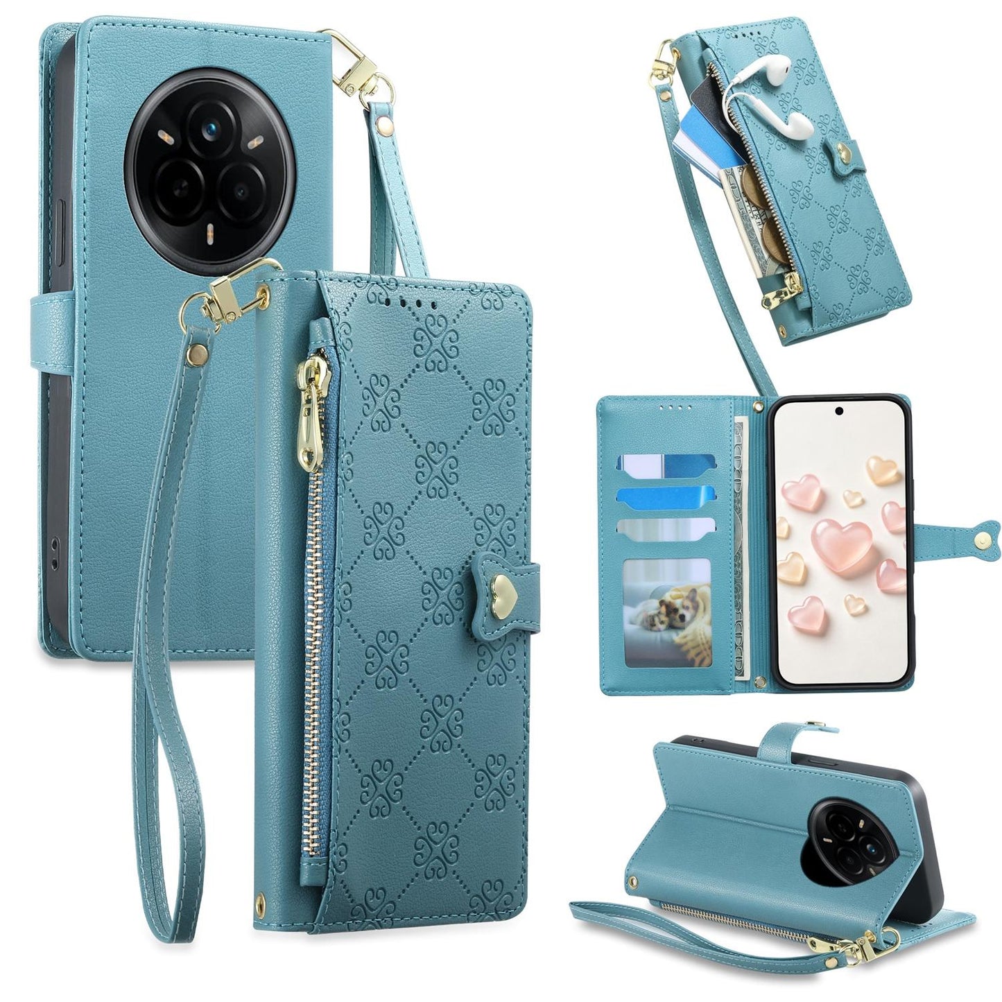 For Realme 14 Pro Zipper Wallet Heart Buckle Vegan Leather Phone Case with Wrist Strap(Lake Blue)