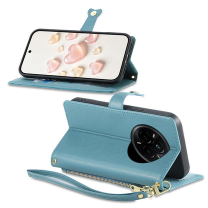 For Realme 14 Pro Zipper Wallet Heart Buckle Vegan Leather Phone Case with Wrist Strap(Lake Blue)