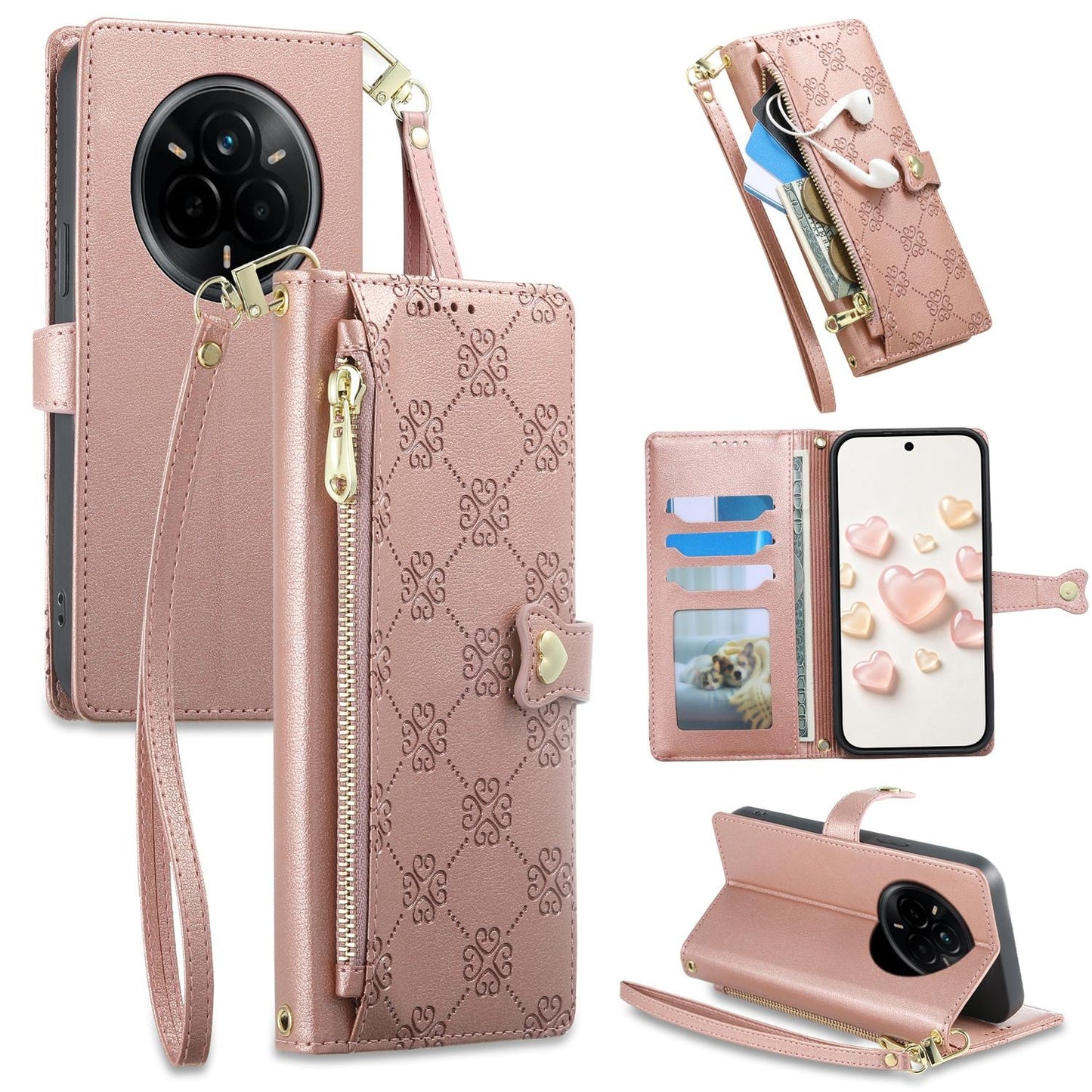 For Realme 14 Pro Zipper Wallet Heart Buckle Vegan Leather Phone Case with Wrist Strap(Pink)