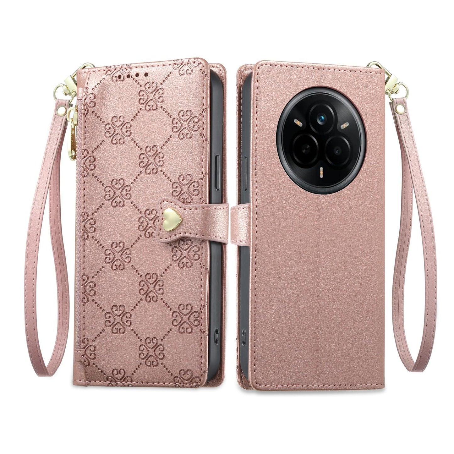 For Realme 14 Pro Zipper Wallet Heart Buckle Vegan Leather Phone Case with Wrist Strap(Pink)