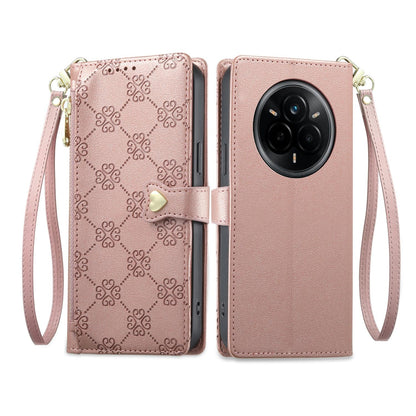 For Realme 14 Pro Zipper Wallet Heart Buckle Vegan Leather Phone Case with Wrist Strap(Pink)