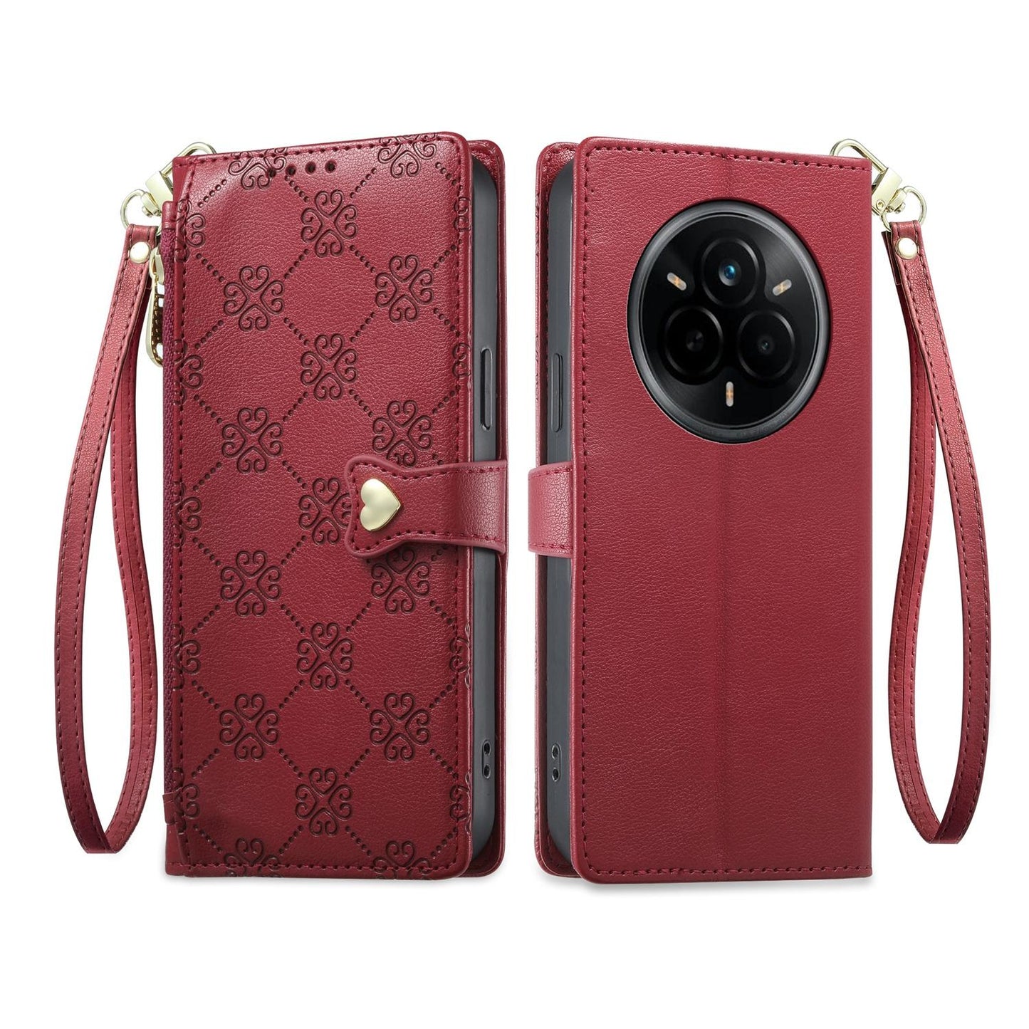 For Realme 14 Pro Zipper Wallet Heart Buckle Vegan Leather Phone Case with Wrist Strap(Red)