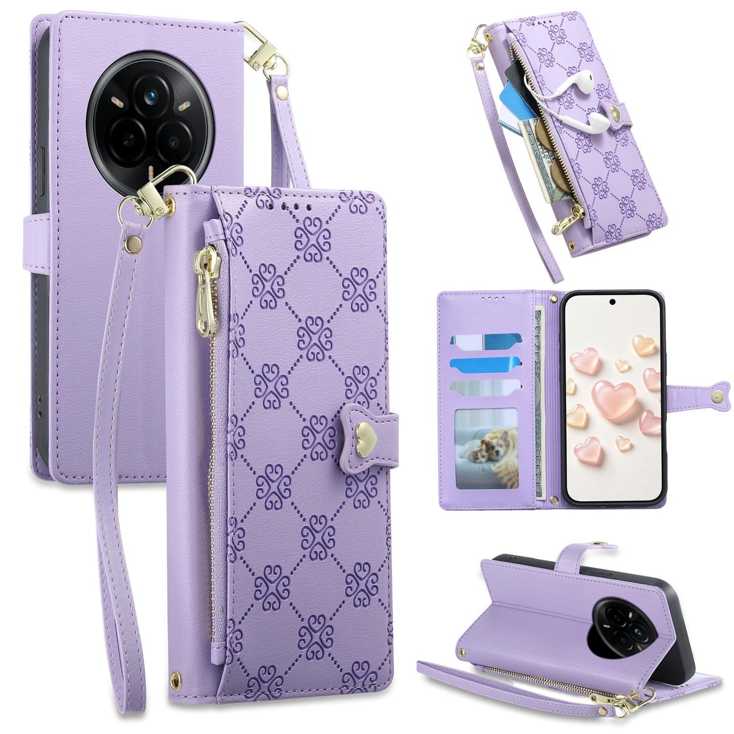For Realme 14 Pro Zipper Wallet Heart Buckle Vegan Leather Phone Case with Wrist Strap(Purple)