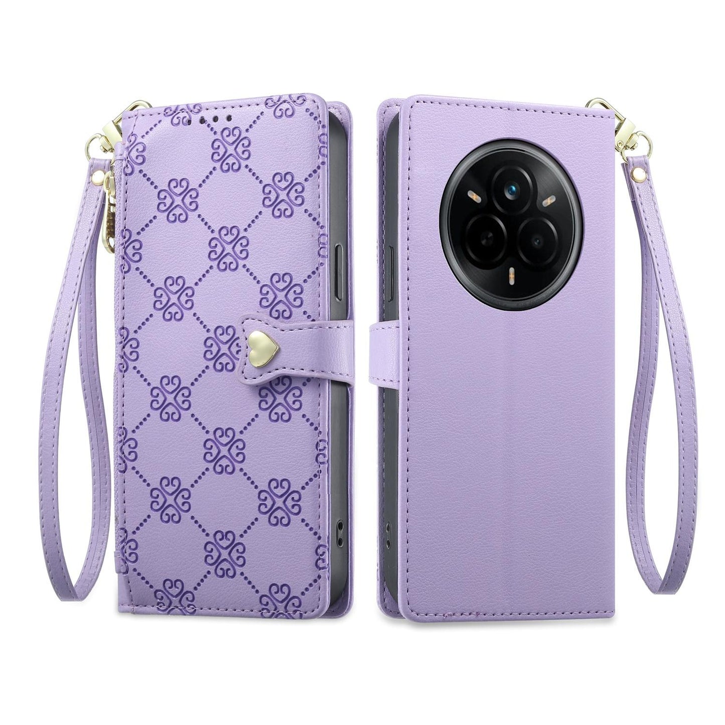 For Realme 14 Pro Zipper Wallet Heart Buckle Vegan Leather Phone Case with Wrist Strap(Purple)