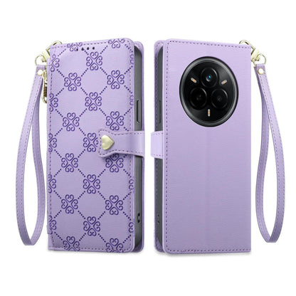 For Realme 14 Pro Zipper Wallet Heart Buckle Vegan Leather Phone Case with Wrist Strap(Purple)