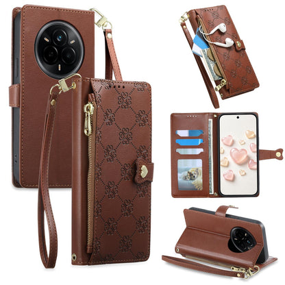 For Realme 14 Pro Zipper Wallet Heart Buckle Vegan Leather Phone Case with Wrist Strap(Brown)