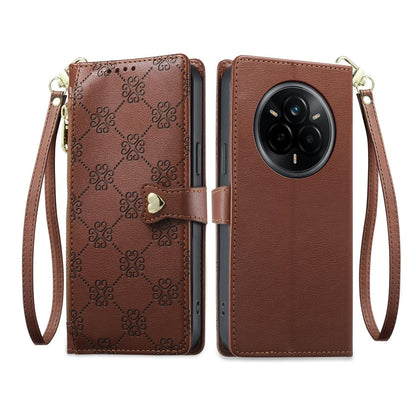 For Realme 14 Pro Zipper Wallet Heart Buckle Vegan Leather Phone Case with Wrist Strap(Brown)
