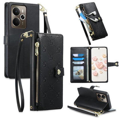 For Realme 14 / Realme P3 5G Zipper Wallet Heart Buckle Vegan Leather Phone Case with Wrist Strap(Black)