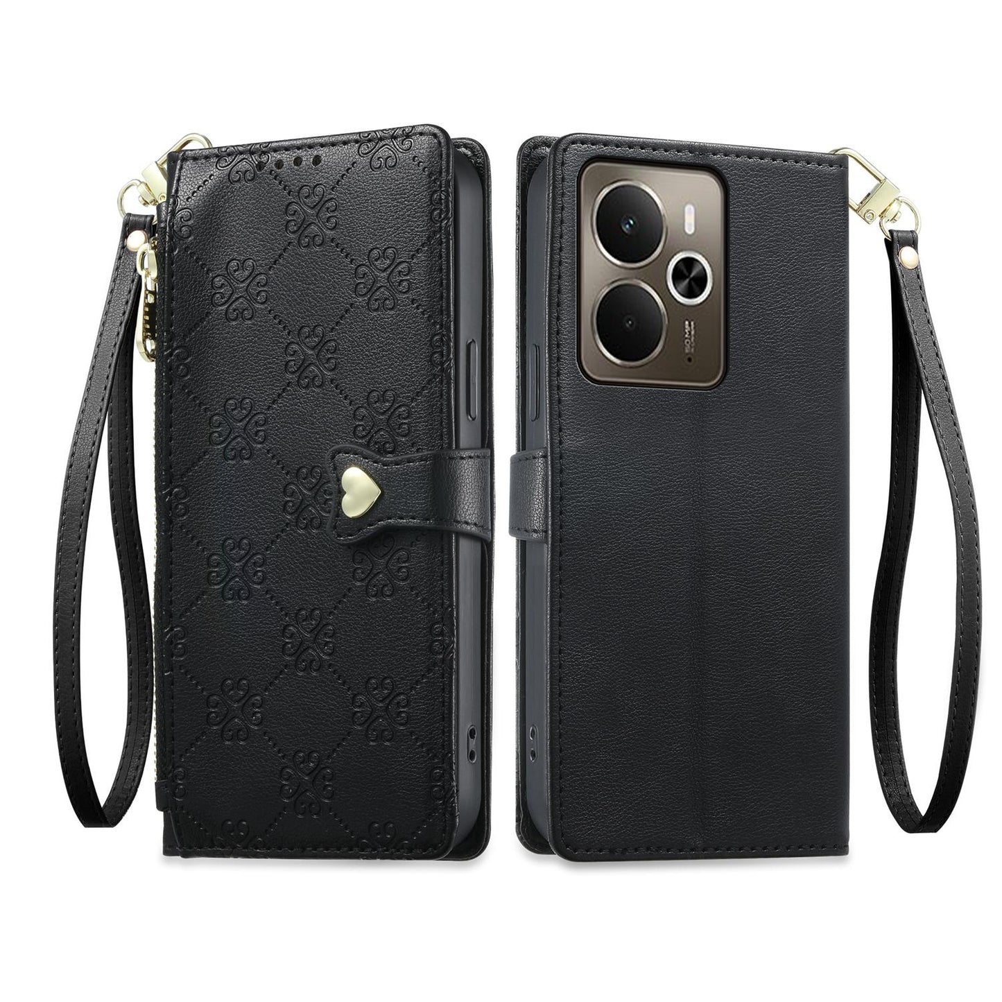 For Realme 14 / Realme P3 5G Zipper Wallet Heart Buckle Vegan Leather Phone Case with Wrist Strap(Black)
