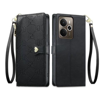 For Realme 14 / Realme P3 5G Zipper Wallet Heart Buckle Vegan Leather Phone Case with Wrist Strap(Black)