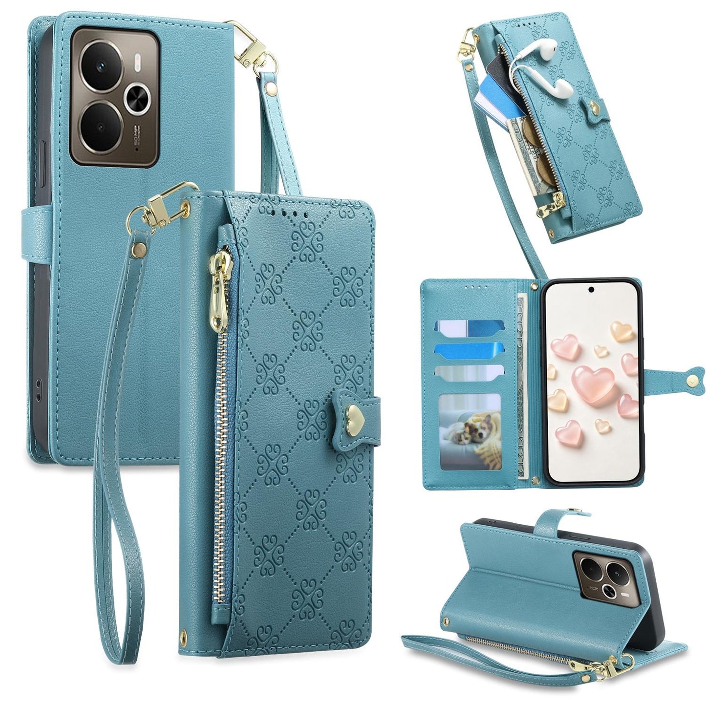 For Realme 14 / Realme P3 5G Zipper Wallet Heart Buckle Vegan Leather Phone Case with Wrist Strap(Lake Blue)