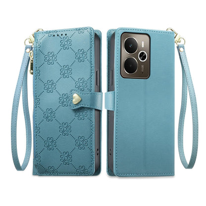 For Realme 14 / Realme P3 5G Zipper Wallet Heart Buckle Vegan Leather Phone Case with Wrist Strap(Lake Blue)