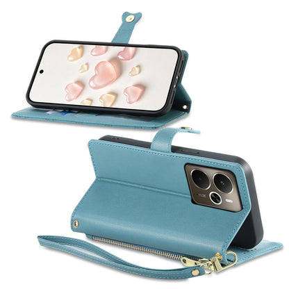 For Realme 14 / Realme P3 5G Zipper Wallet Heart Buckle Vegan Leather Phone Case with Wrist Strap(Lake Blue)