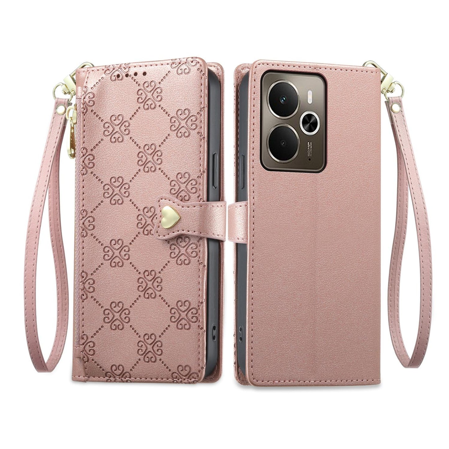 For Realme 14 / Realme P3 5G Zipper Wallet Heart Buckle Vegan Leather Phone Case with Wrist Strap(Pink)