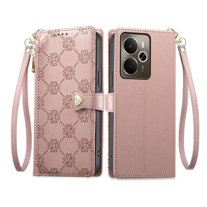 For Realme 14 / Realme P3 5G Zipper Wallet Heart Buckle Vegan Leather Phone Case with Wrist Strap(Pink)