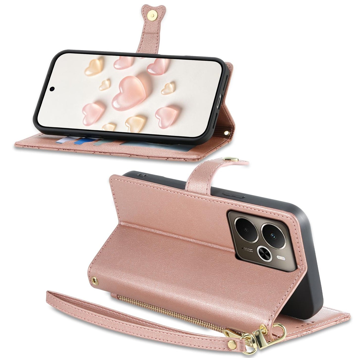 For Realme 14 / Realme P3 5G Zipper Wallet Heart Buckle Vegan Leather Phone Case with Wrist Strap(Pink)