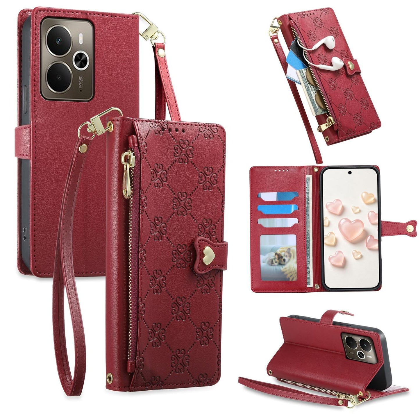 For Realme 14 / Realme P3 5G Zipper Wallet Heart Buckle Vegan Leather Phone Case with Wrist Strap(Red)