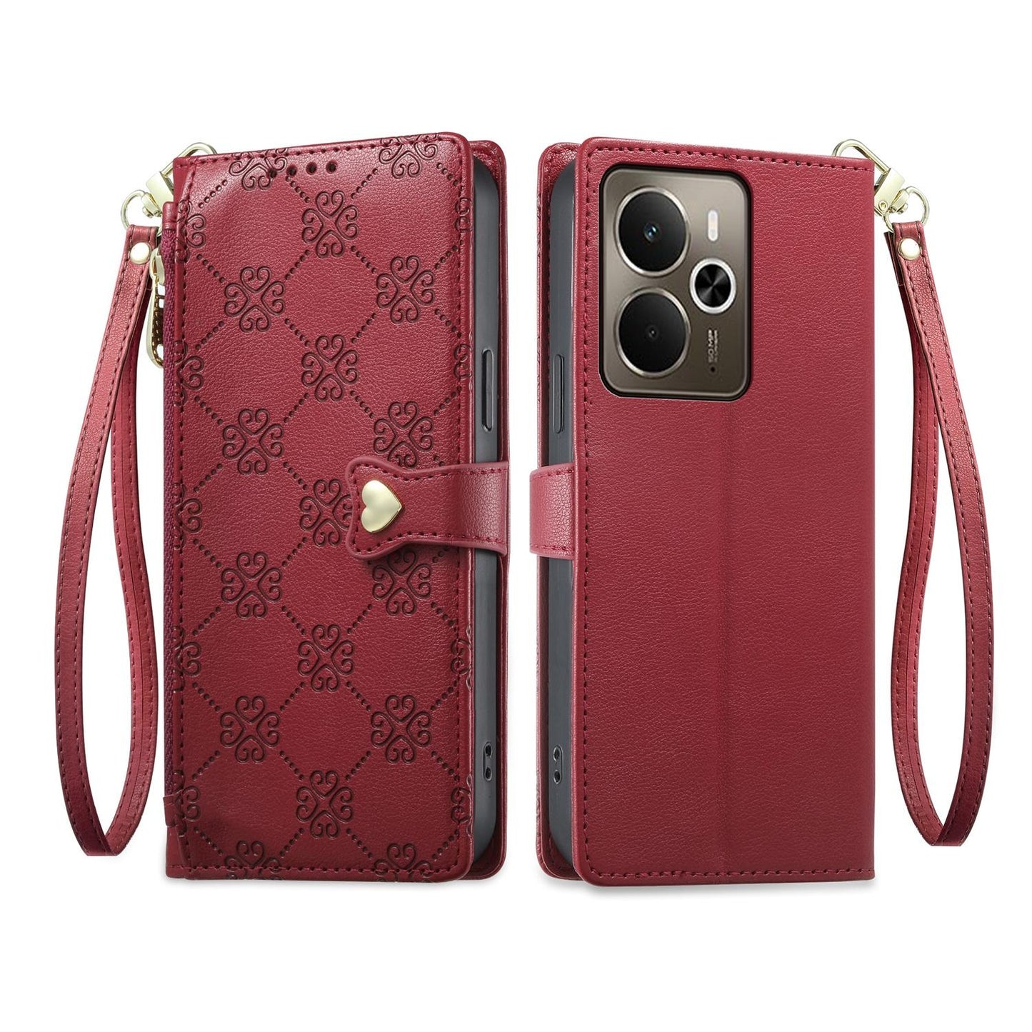 For Realme 14 / Realme P3 5G Zipper Wallet Heart Buckle Vegan Leather Phone Case with Wrist Strap(Red)