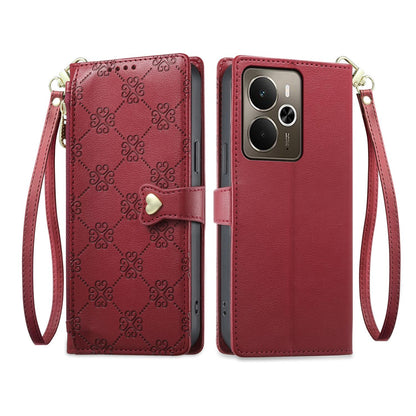 For Realme 14 / Realme P3 5G Zipper Wallet Heart Buckle Vegan Leather Phone Case with Wrist Strap(Red)