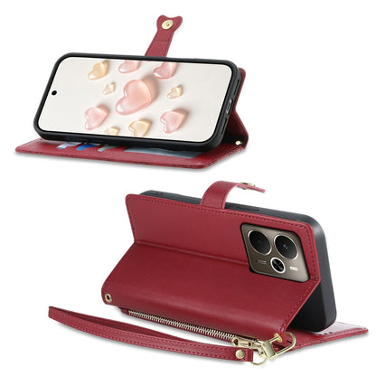 For Realme 14 / Realme P3 5G Zipper Wallet Heart Buckle Vegan Leather Phone Case with Wrist Strap(Red)