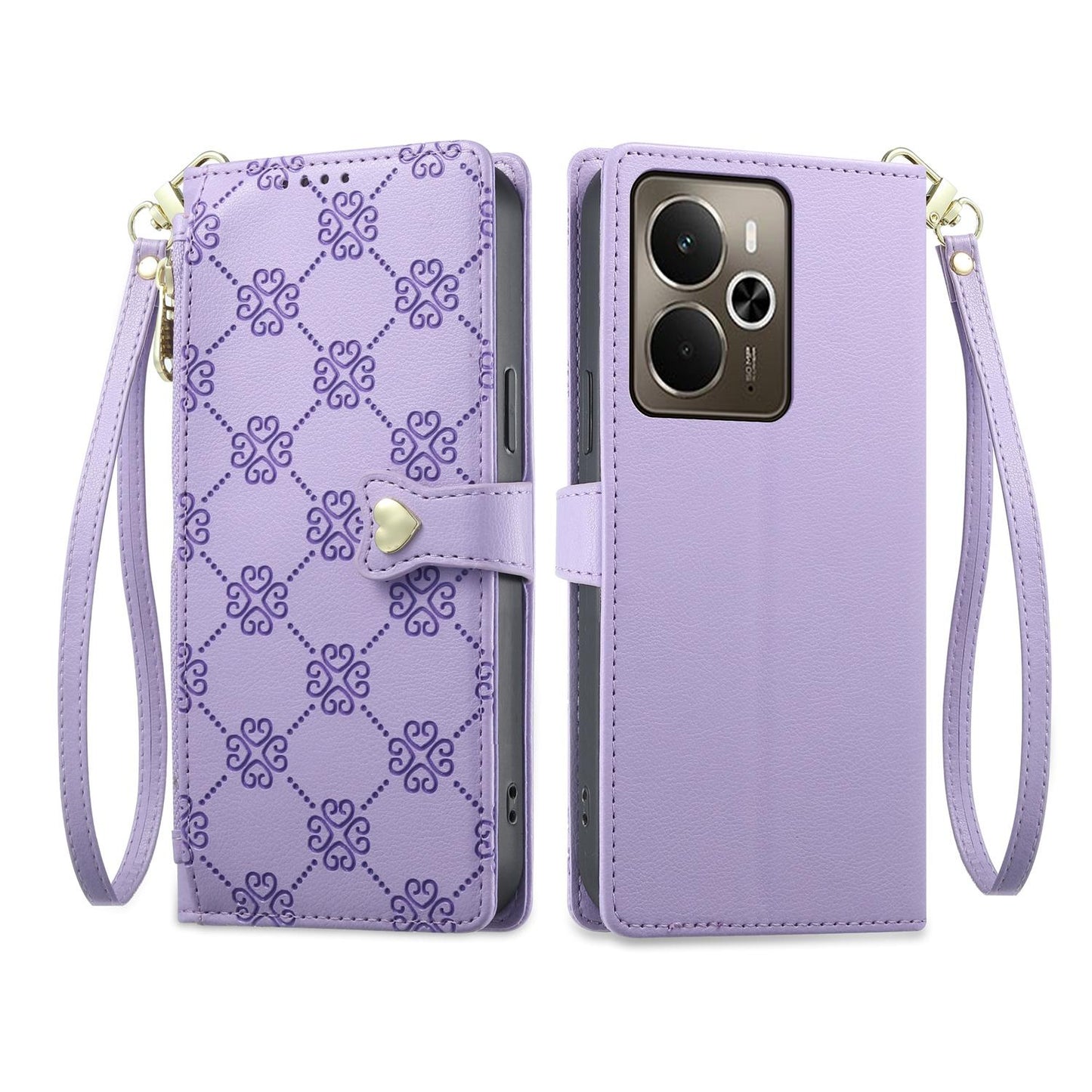 For Realme 14 / Realme P3 5G Zipper Wallet Heart Buckle Vegan Leather Phone Case with Wrist Strap(Purple)