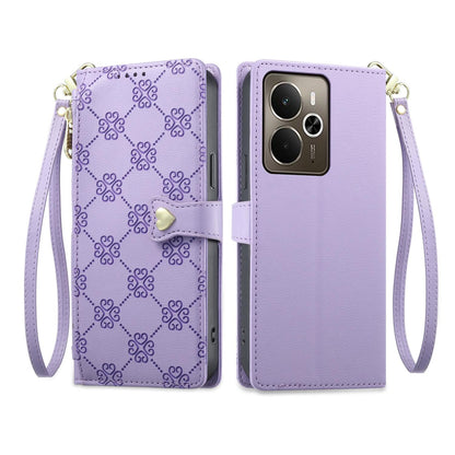 For Realme 14 / Realme P3 5G Zipper Wallet Heart Buckle Vegan Leather Phone Case with Wrist Strap(Purple)