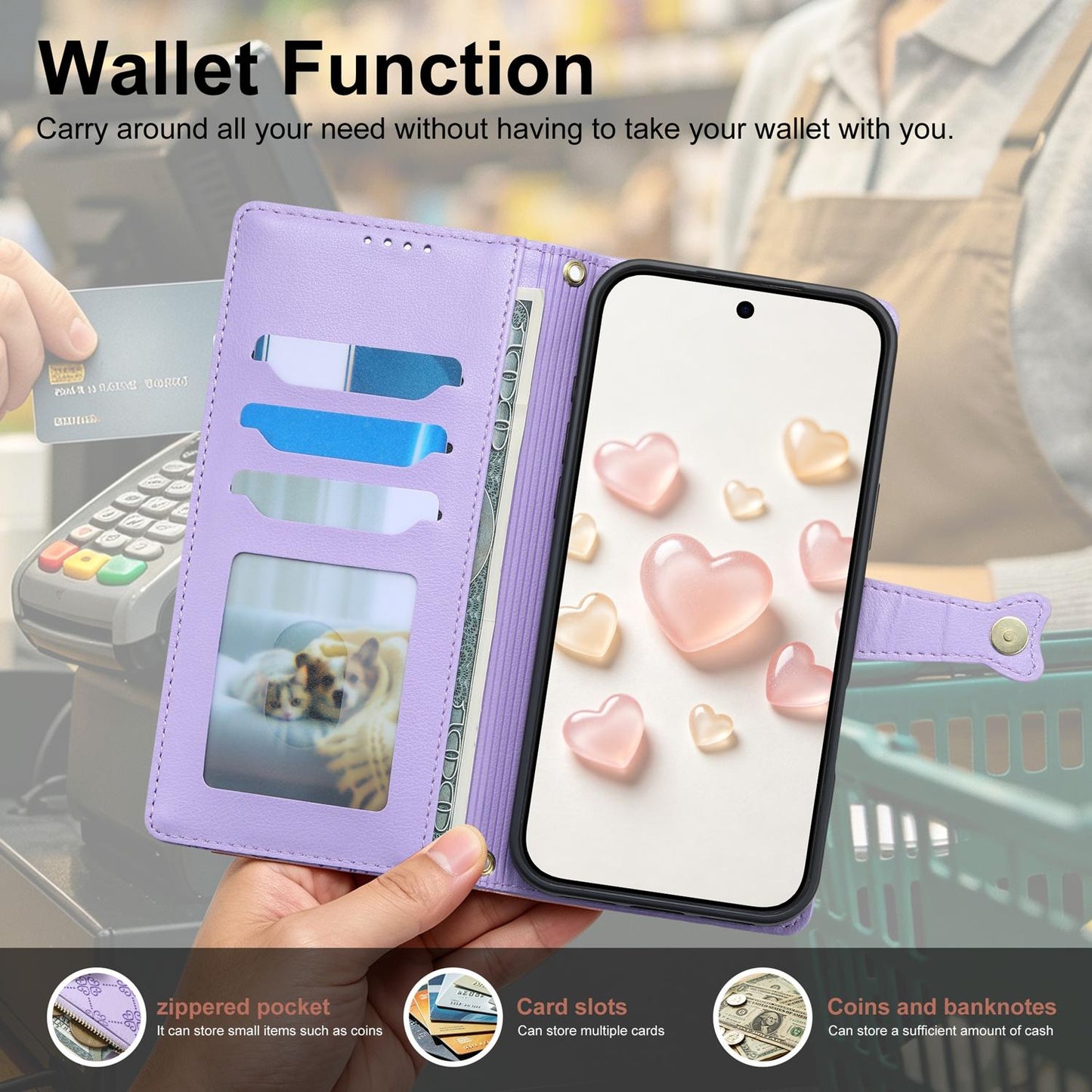 For Realme 14 / Realme P3 5G Zipper Wallet Heart Buckle Vegan Leather Phone Case with Wrist Strap(Purple)