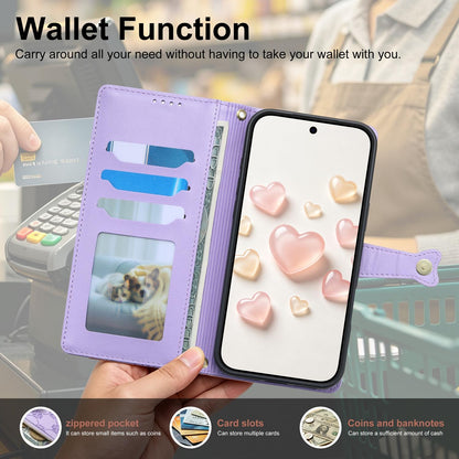 For Realme 14 / Realme P3 5G Zipper Wallet Heart Buckle Vegan Leather Phone Case with Wrist Strap(Purple)
