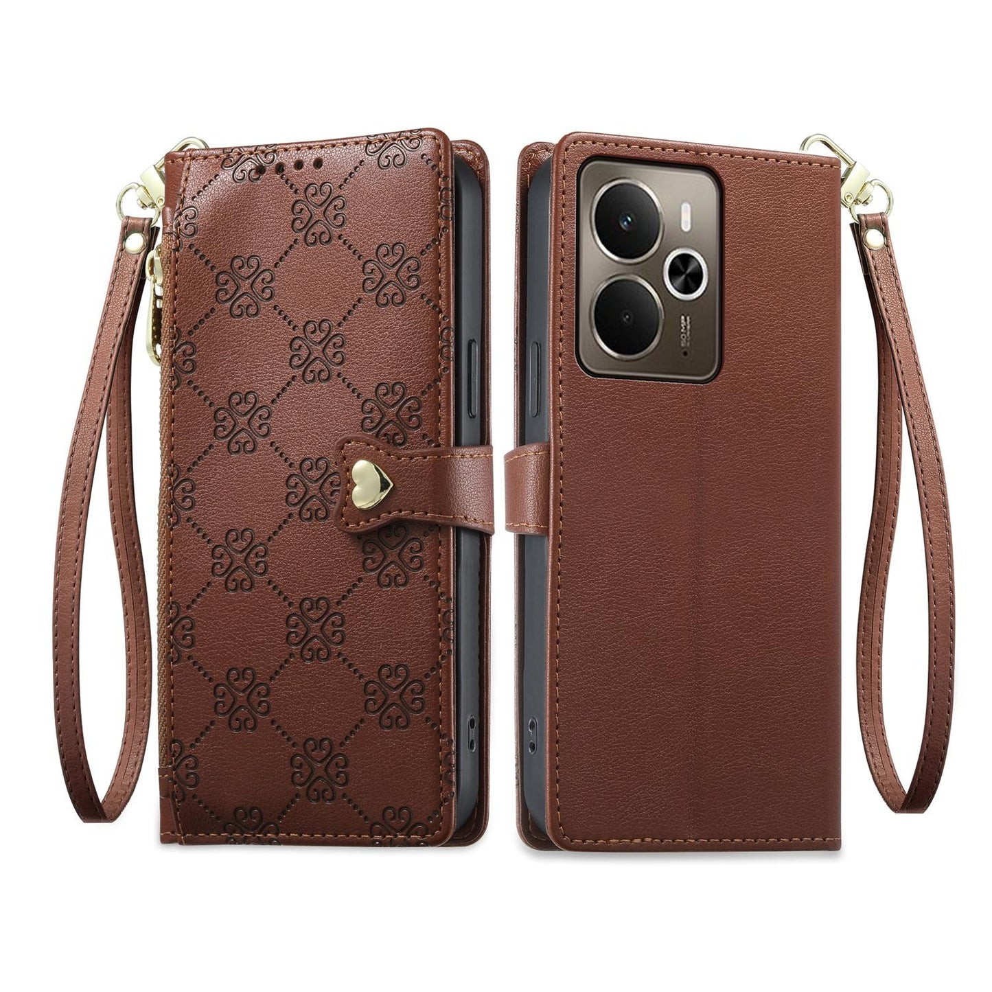 For Realme 14 / Realme P3 5G Zipper Wallet Heart Buckle Vegan Leather Phone Case with Wrist Strap(Brown)