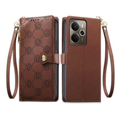 For Realme 14 / Realme P3 5G Zipper Wallet Heart Buckle Vegan Leather Phone Case with Wrist Strap(Brown)