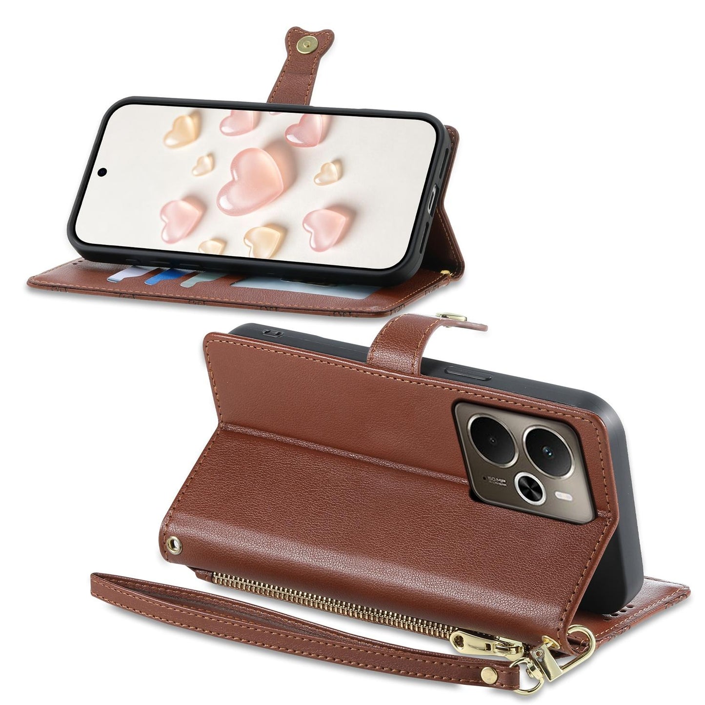 For Realme 14 / Realme P3 5G Zipper Wallet Heart Buckle Vegan Leather Phone Case with Wrist Strap(Brown)
