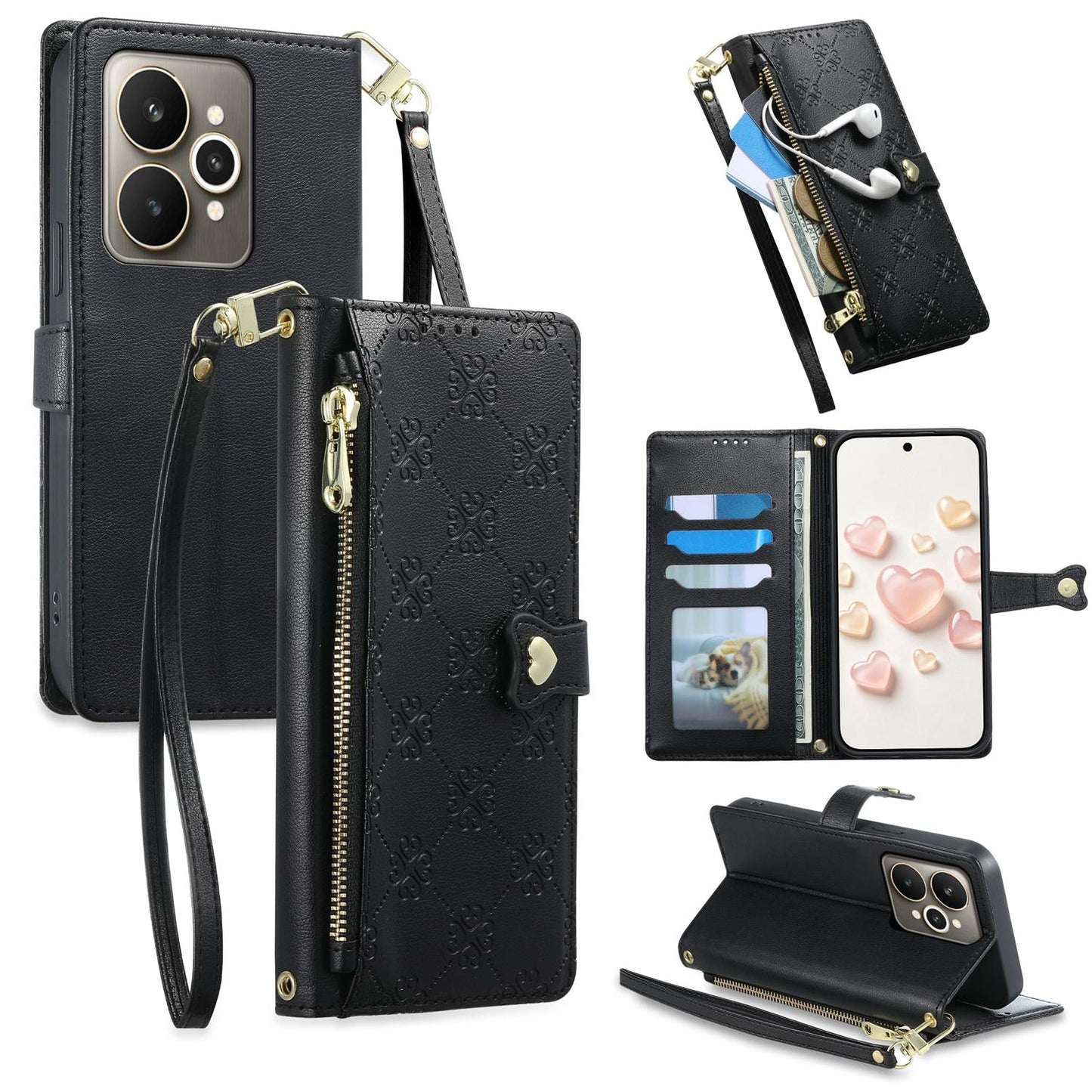 For Realme 15 5G / Realme 15 Pro 5G Zipper Wallet Heart Buckle Vegan Leather Phone Case with Wrist Strap(Black)
