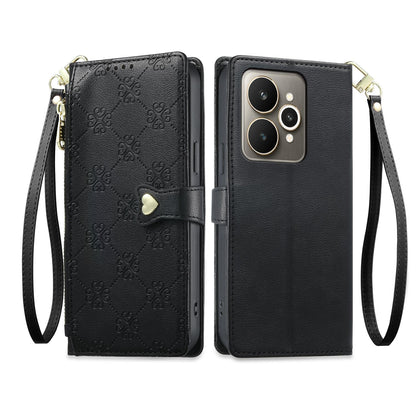 For Realme 15 5G / Realme 15 Pro 5G Zipper Wallet Heart Buckle Vegan Leather Phone Case with Wrist Strap(Black)