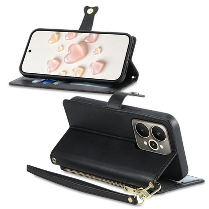 For Realme 15 5G / Realme 15 Pro 5G Zipper Wallet Heart Buckle Vegan Leather Phone Case with Wrist Strap(Black)