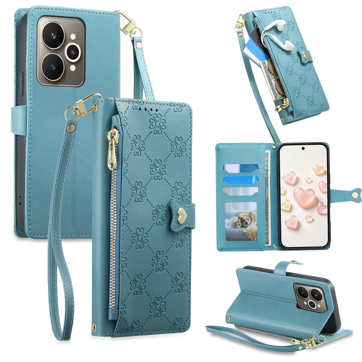 For Realme 15 5G / Realme 15 Pro 5G Zipper Wallet Heart Buckle Vegan Leather Phone Case with Wrist Strap(Lake Blue)