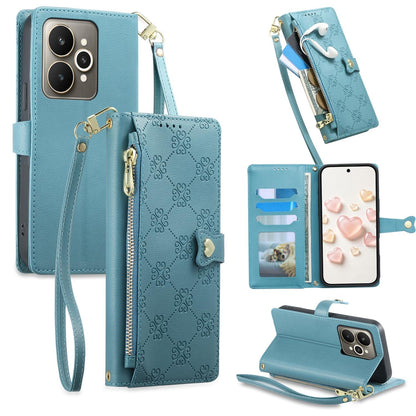 For Realme 15 5G / Realme 15 Pro 5G Zipper Wallet Heart Buckle Vegan Leather Phone Case with Wrist Strap(Lake Blue)